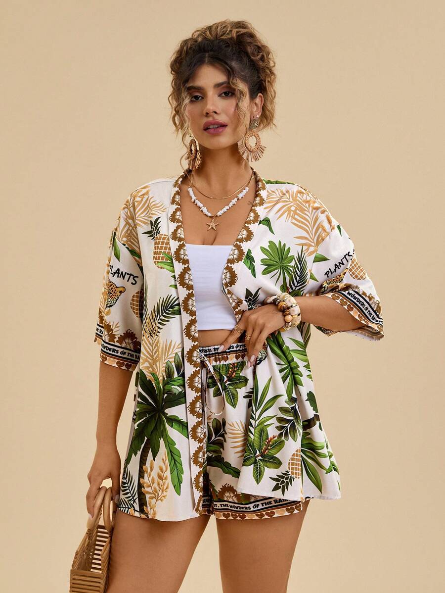 Travachic Set da 2 pezzi per taglie comode, adatto per le vacanze estive: camicia stampata con alberi di cocco e pantaloncini