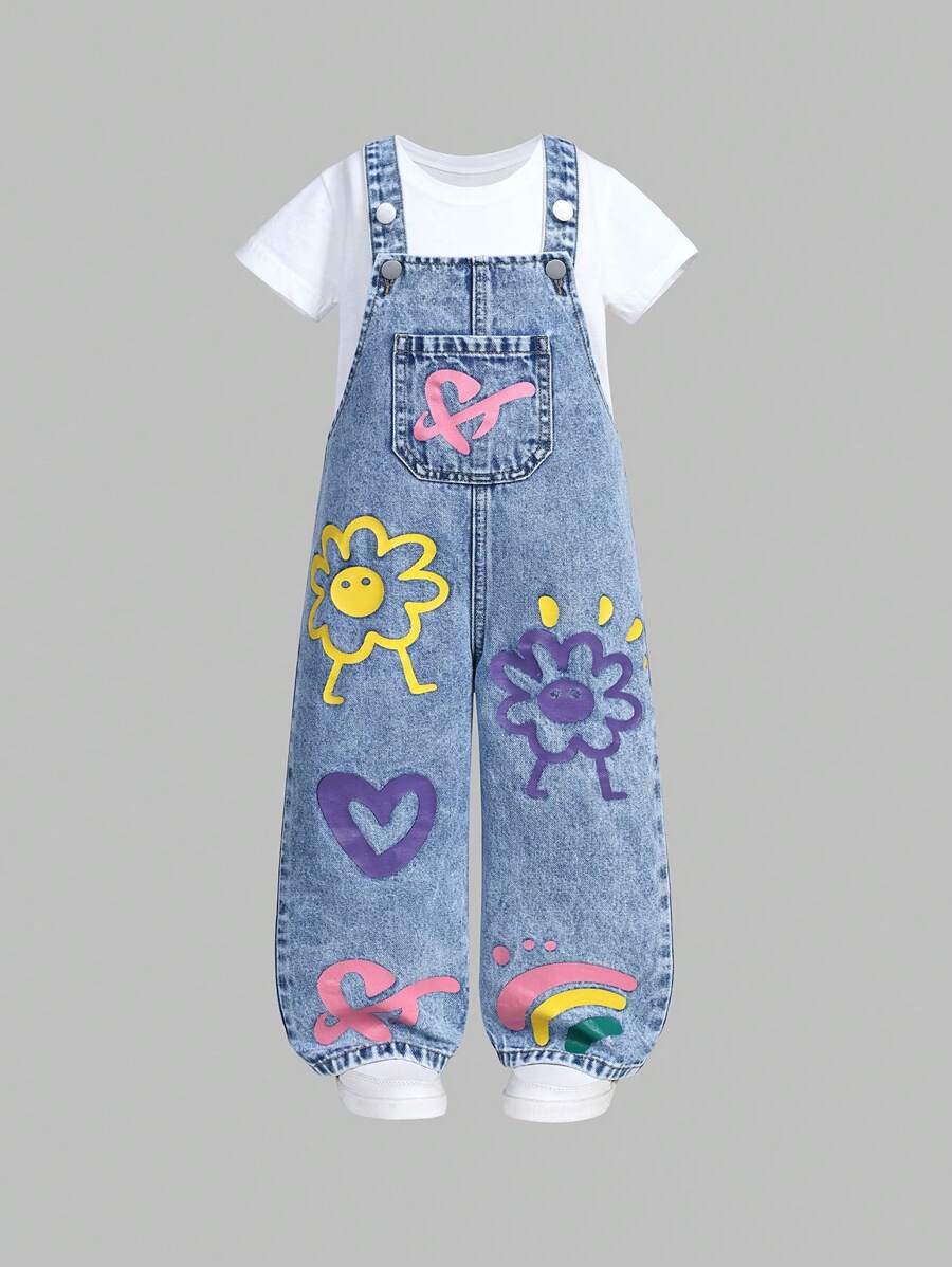 SHEIN Mono de mezclilla suave con estampado de flores, corazones y arco iris para niña joven
