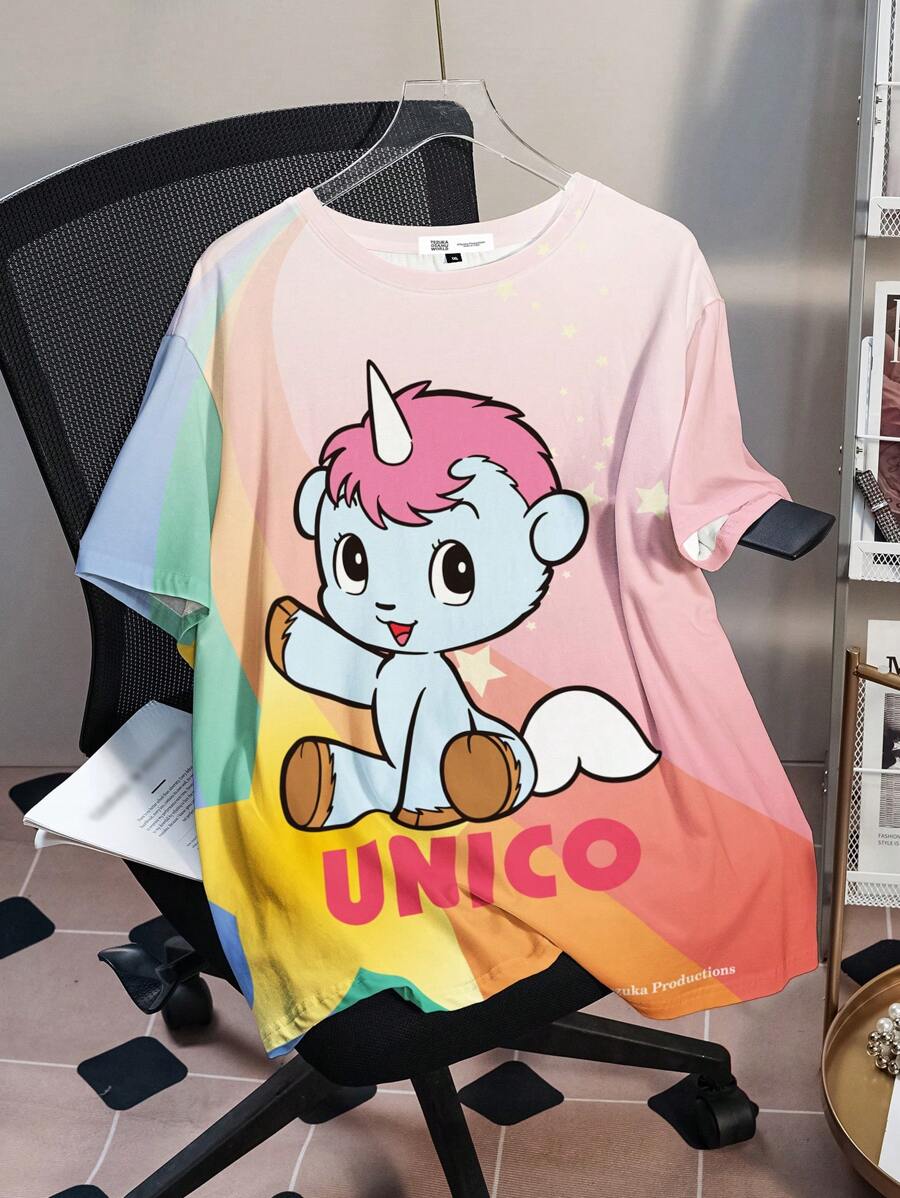 Unico X SHEIN Plus Size Cartoon & Letter Print Color Block Round Neck Short Sleeve T-Shirt, Suitable For Summer