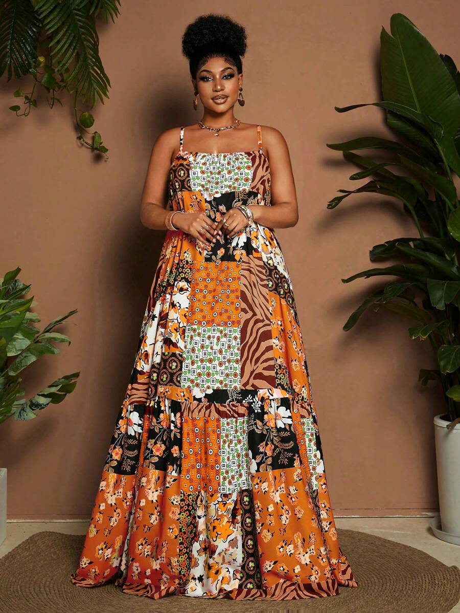 Maweii Vestido casual de vacaciones con estampado completo, volante en el bajo y tirantes de espagueti para tallas grandes