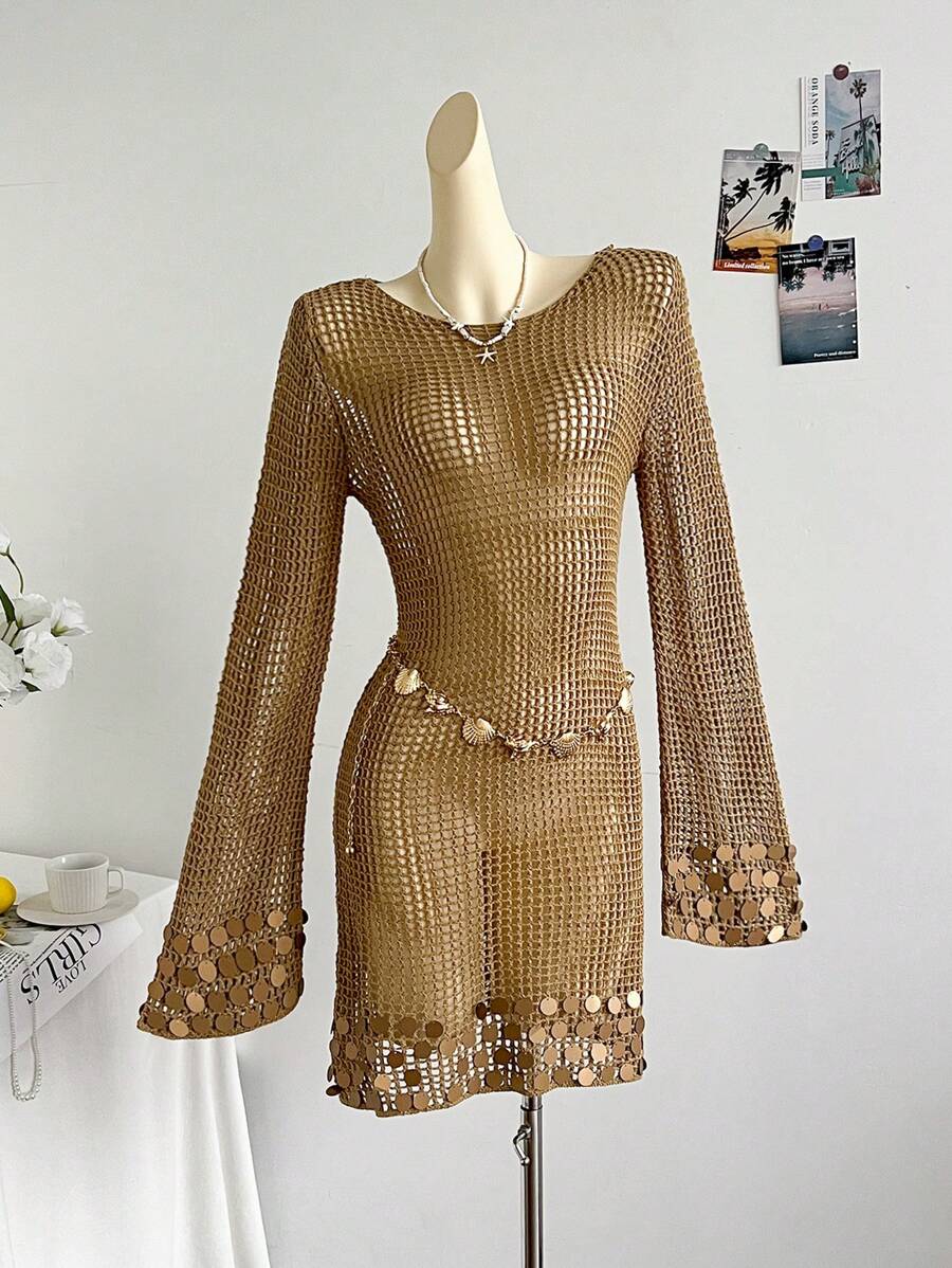 Soleia Abito mini elegante in stile boho-tropical con gusci di conchiglie e paillettes, adatto per occasioni casual, vacanze, matrimoni sulla spiaggia, lauree, brunch, San Patrizio, primavera, festival musicali, primavera/estate