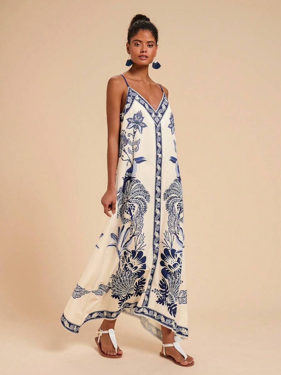 Travachic Women's Midi Length Sleeveless Dress, Fashionable For Summer,Tropical Print Dress,Vacation Outfits Woman,Concert Outfit Women,Tropical Vacation, Vacation,Bohemian Clothes