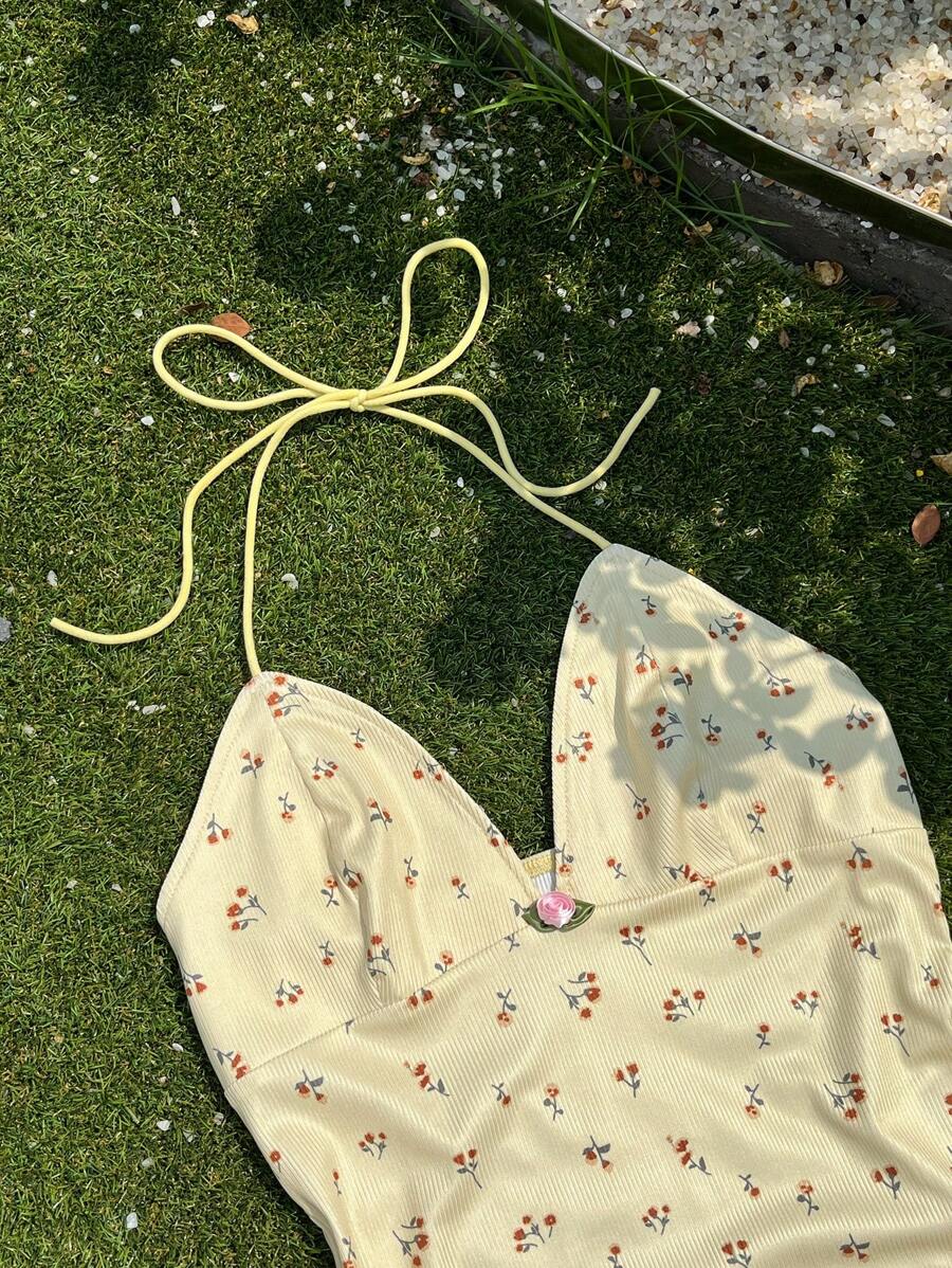 Comfortcana New Summer Beach Dress Vacation Outfits Butter Yellow Ditsy Floral Holiday Summer Bodysuit Seaside Beach