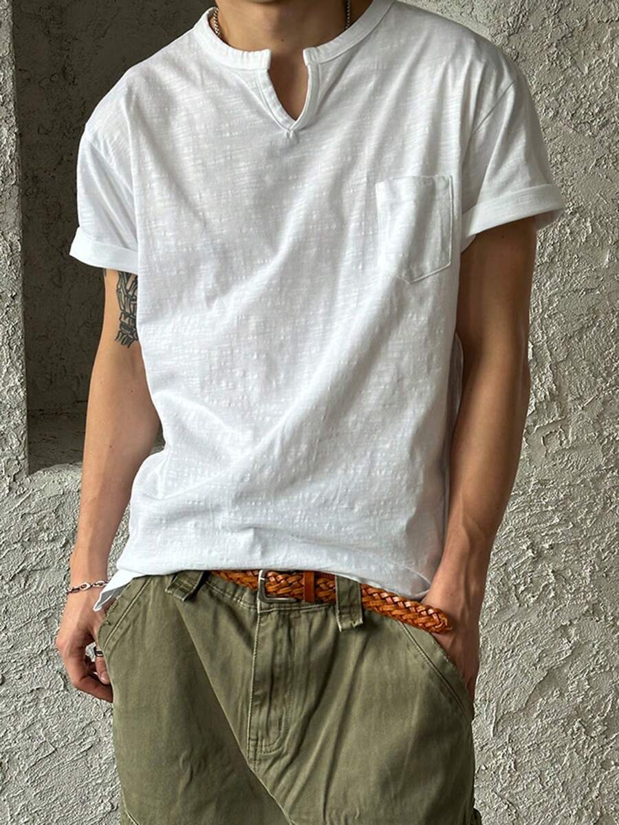 DAZY Camiseta de cuello en V con textura verde para hombre de verano