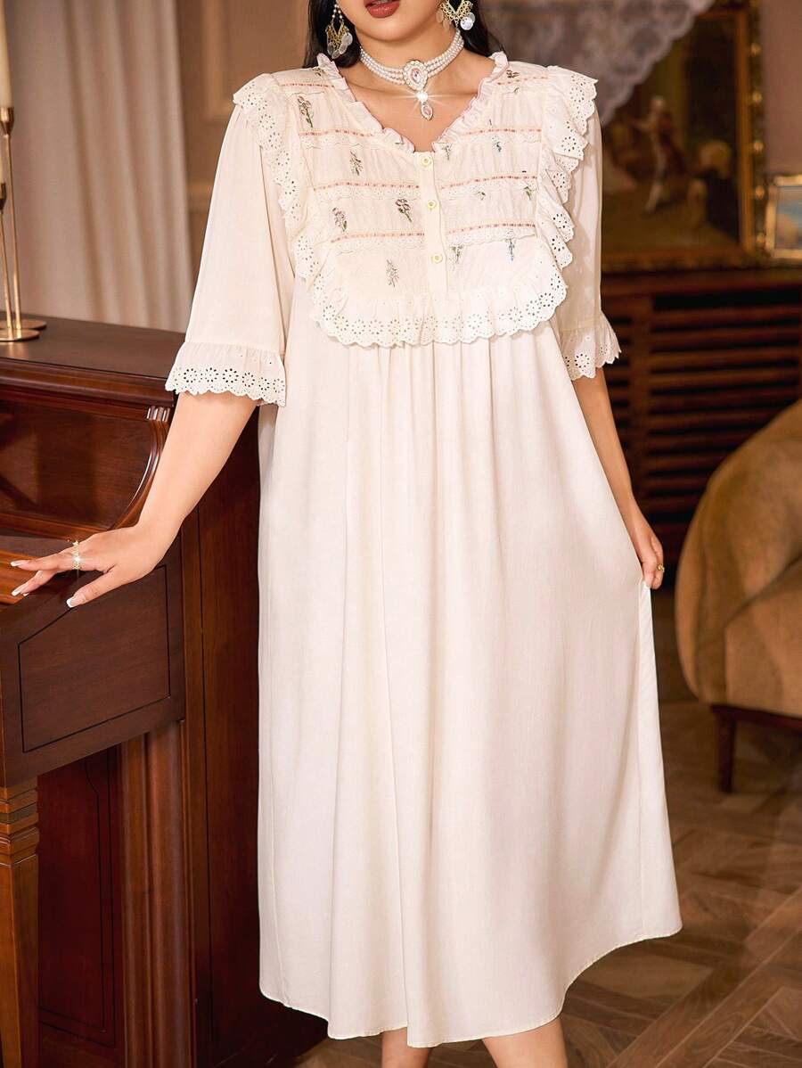 PalaceNights Vestido holgado de dormir con escote en V, estilo retro, bordado y parches, talla grande, vacaciones