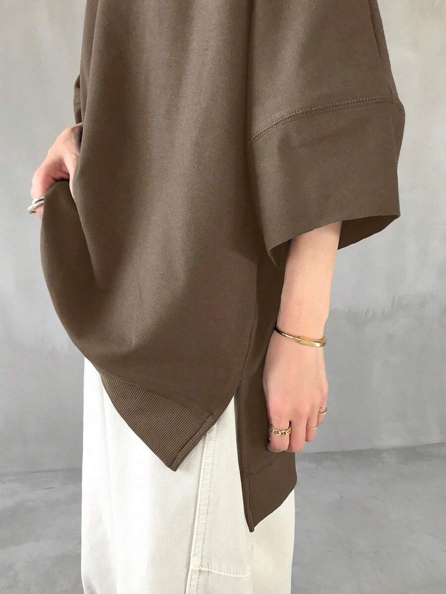 FRIFUL Women's Casual Loose Solid Round Neck T-Shirt With Side Slits, Summer