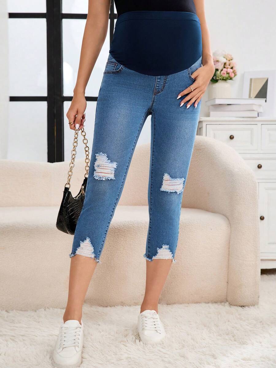 SHEIN Jeans de maternidad informales con bolsillos, efecto desgastado y bloques de color