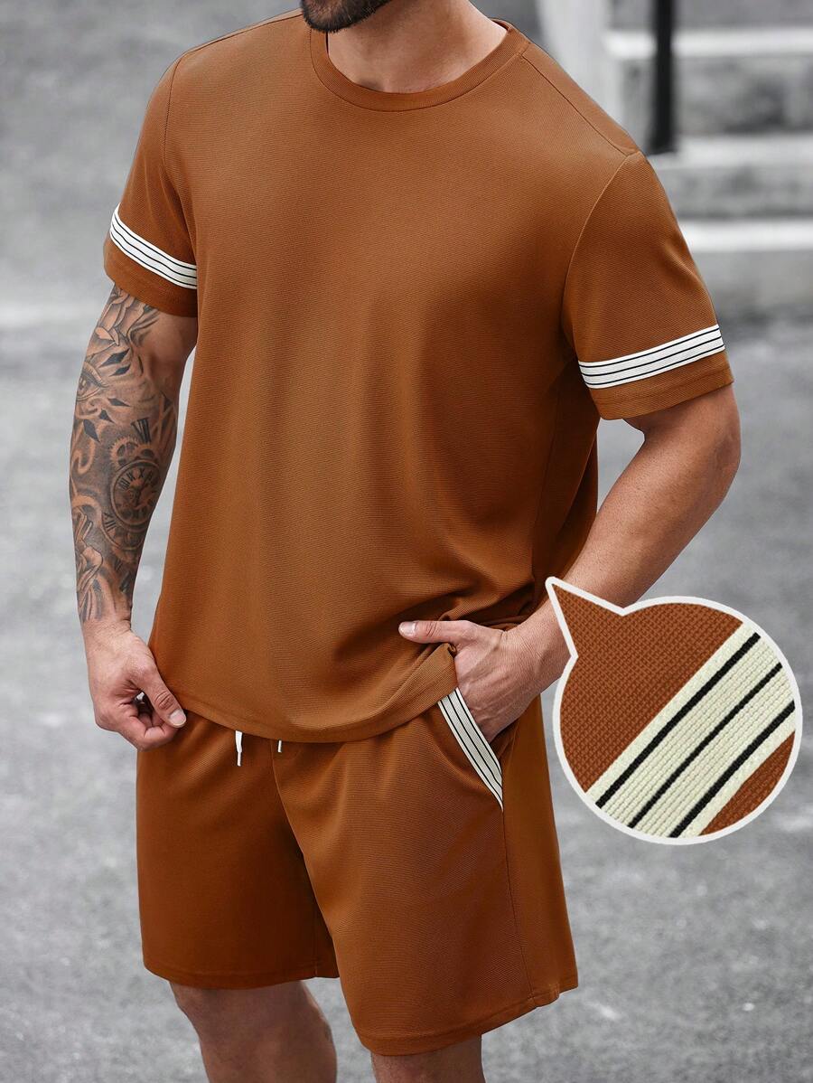 Manfinity Homme Men Plus Size Summer Striped Woven Belt Round Neck Short Sleeve T-Shirt And Shorts Casual Set Men Co Ord Setmen Two Pieces Setmocha Outfit For Menmens Two Pieces Casualmen Co Ord