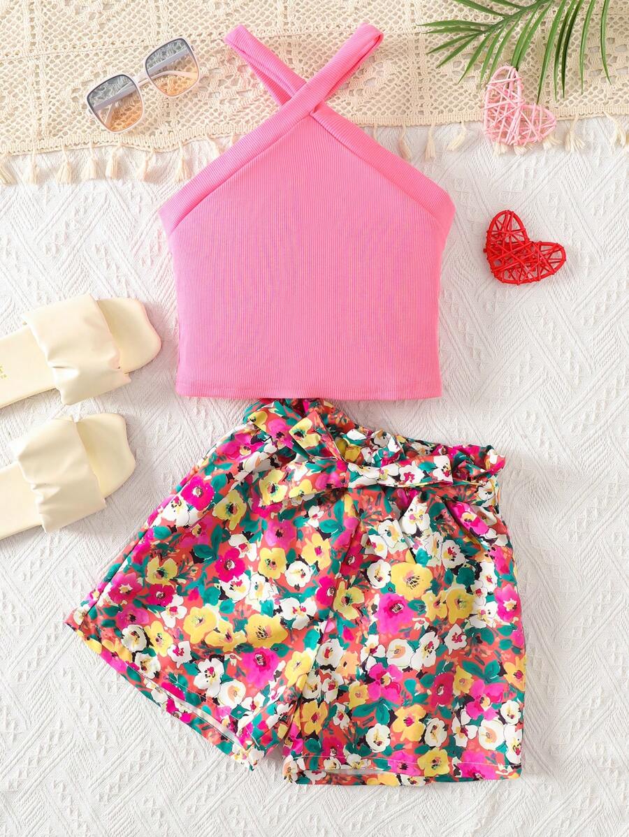 SHEIN Tween Mädchen Gestricktes Trägertop + Bedruckte Shorts Lässig Urlaubs-Set
