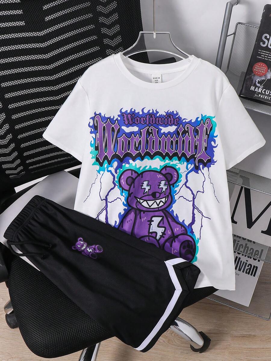 Set de 2 piezas para niño preadolescente con camiseta de cuello redondo blanca casual deportiva y pantalones cortos negros con estampado de oso europeo y americano de graffiti, adecuado para ropa de niños, atuendos de niño pequeño, de vuelta al cole, apto para fiestas de cumpleaños, fiestas de noche, actuaciones, bodas, bautizos, ceremonias de apertura, apto para uso diario, apto para la escuela, apto para viajes, apto para deportes, apto para primavera y verano