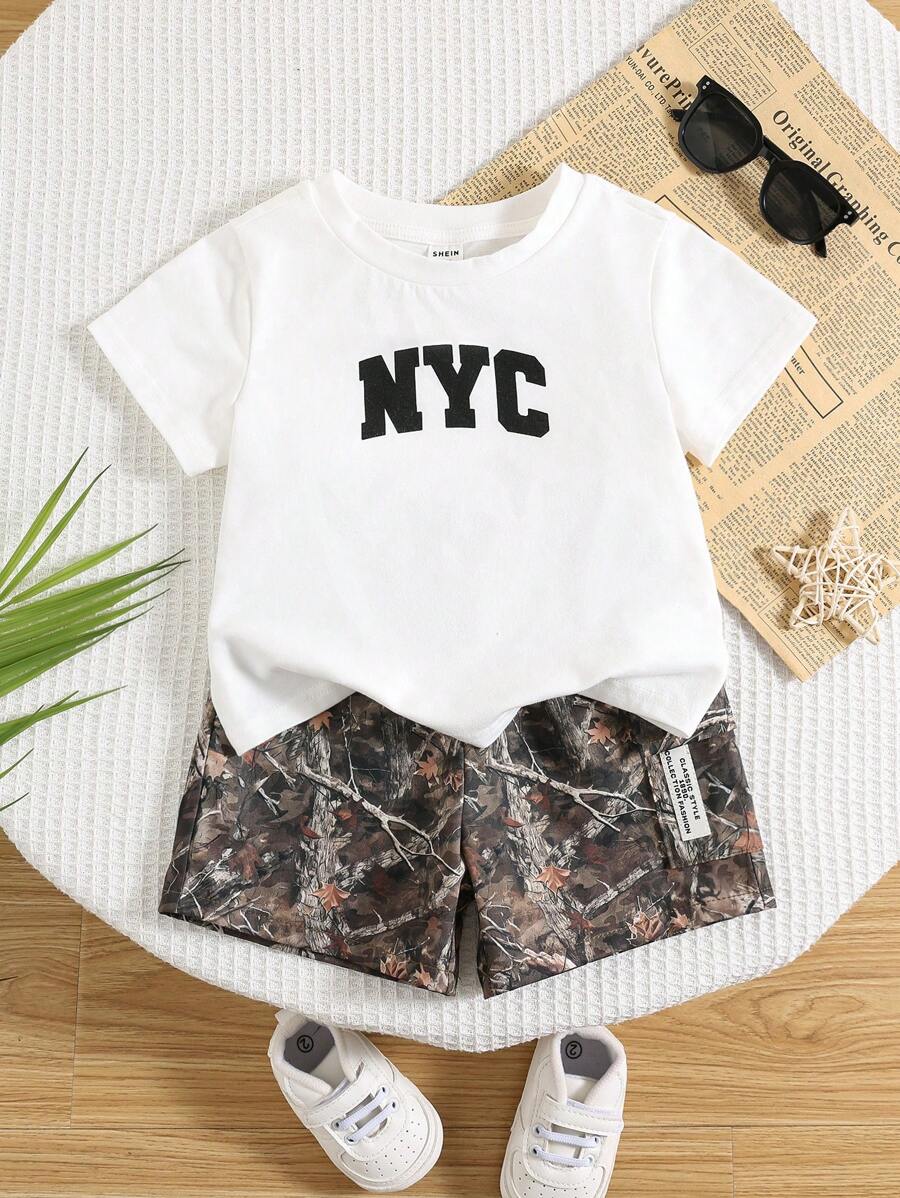 SHEIN 2pcs/Set Baby Boy/Girl Casual Street Sporty Dropped Shoulder Loose Knit Top Tee And Elastic Waist Cargo Pocket Shorts Set, Suitable For Spring/Summer, Homebwear & Outdoor