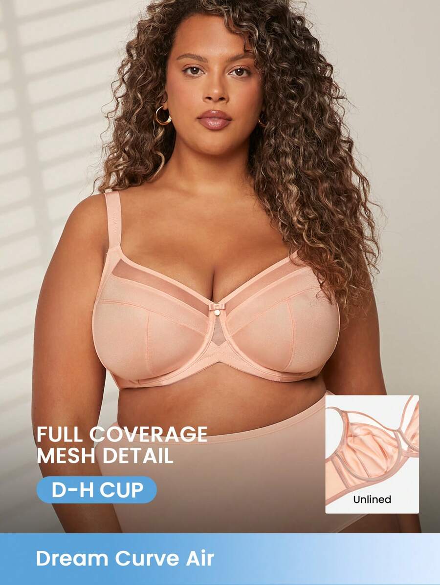 LUVLETTE Plus Unlined Full Coverage Side Support Mesh Sheer Airy Minimizer Bra
