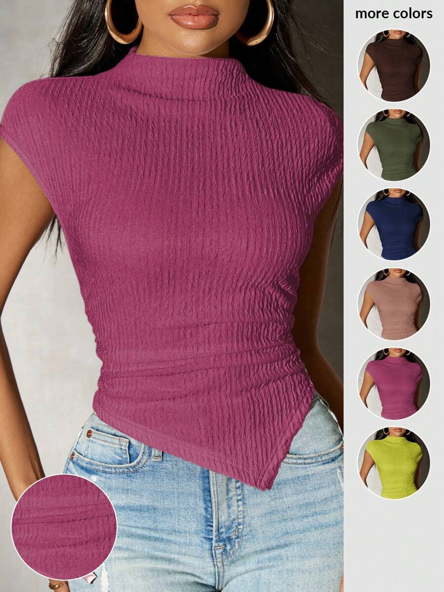 SHEIN SXY Camiseta de mujer de punto liso con bajo asimétrico para primavera