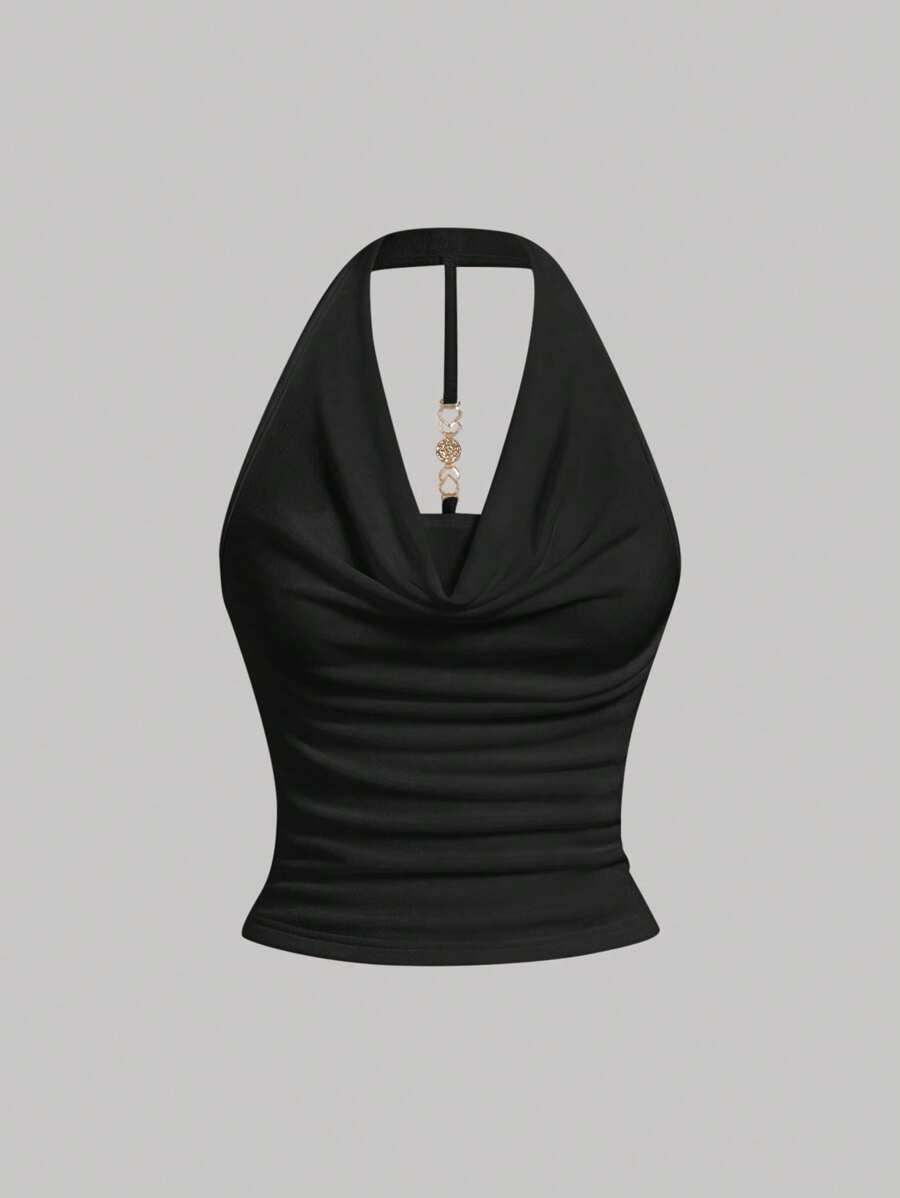 SHEIN PETITE Canotta estiva da donna con schiena scoperta e collo alto, di colore tinta unita