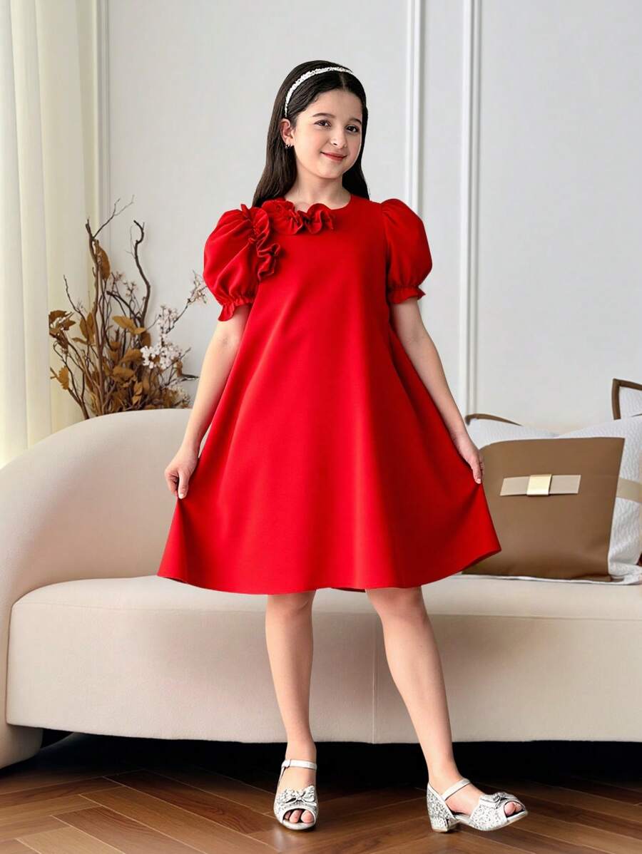 SHEIN Vestido holgado de línea A con cuello redondo, mangas abultadas y volante en el bajo para niña preadolescente, estilo elegante y casual para resort, color rojo