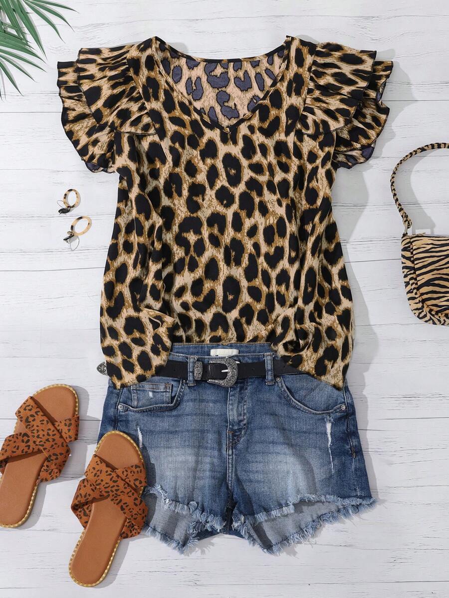 SHEIN LUNE Vestiti estivi da donna taglie forti con scollo a V e fantasia leopardata, con maniche doppie a forma di loto
