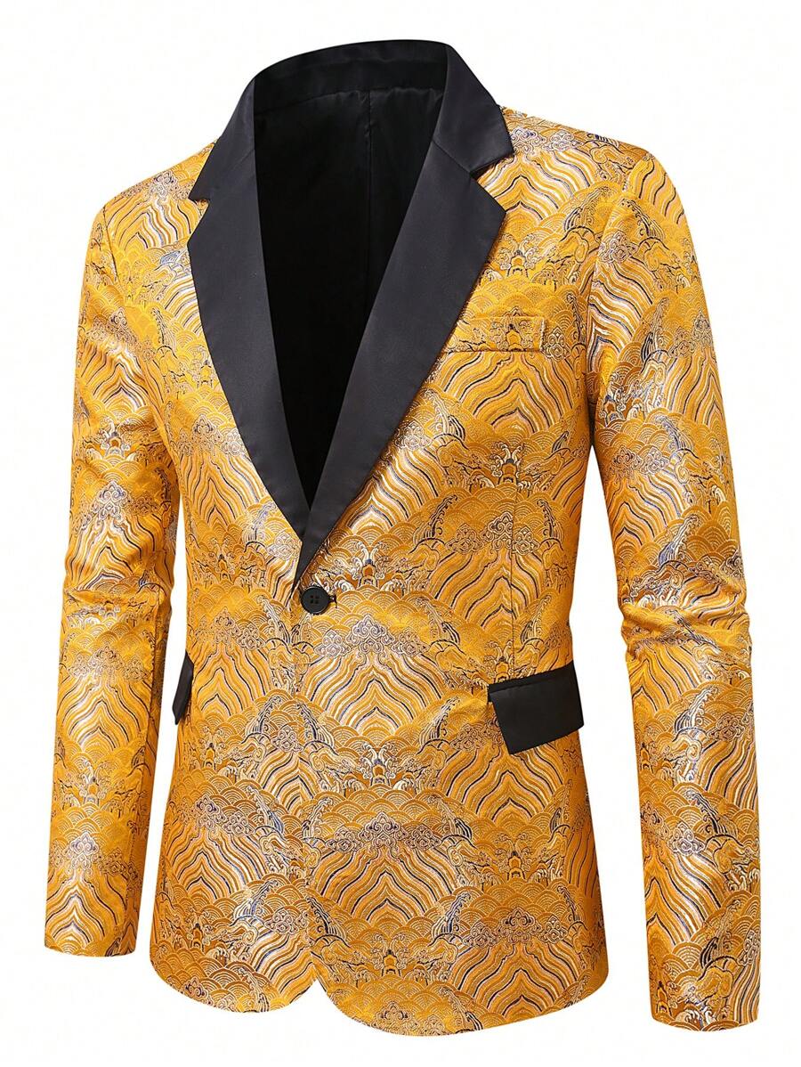 Manfinity Mode Men's Retro Jacquard Blazer Yellow Top Men Prom Suits For Men's Prom Suit