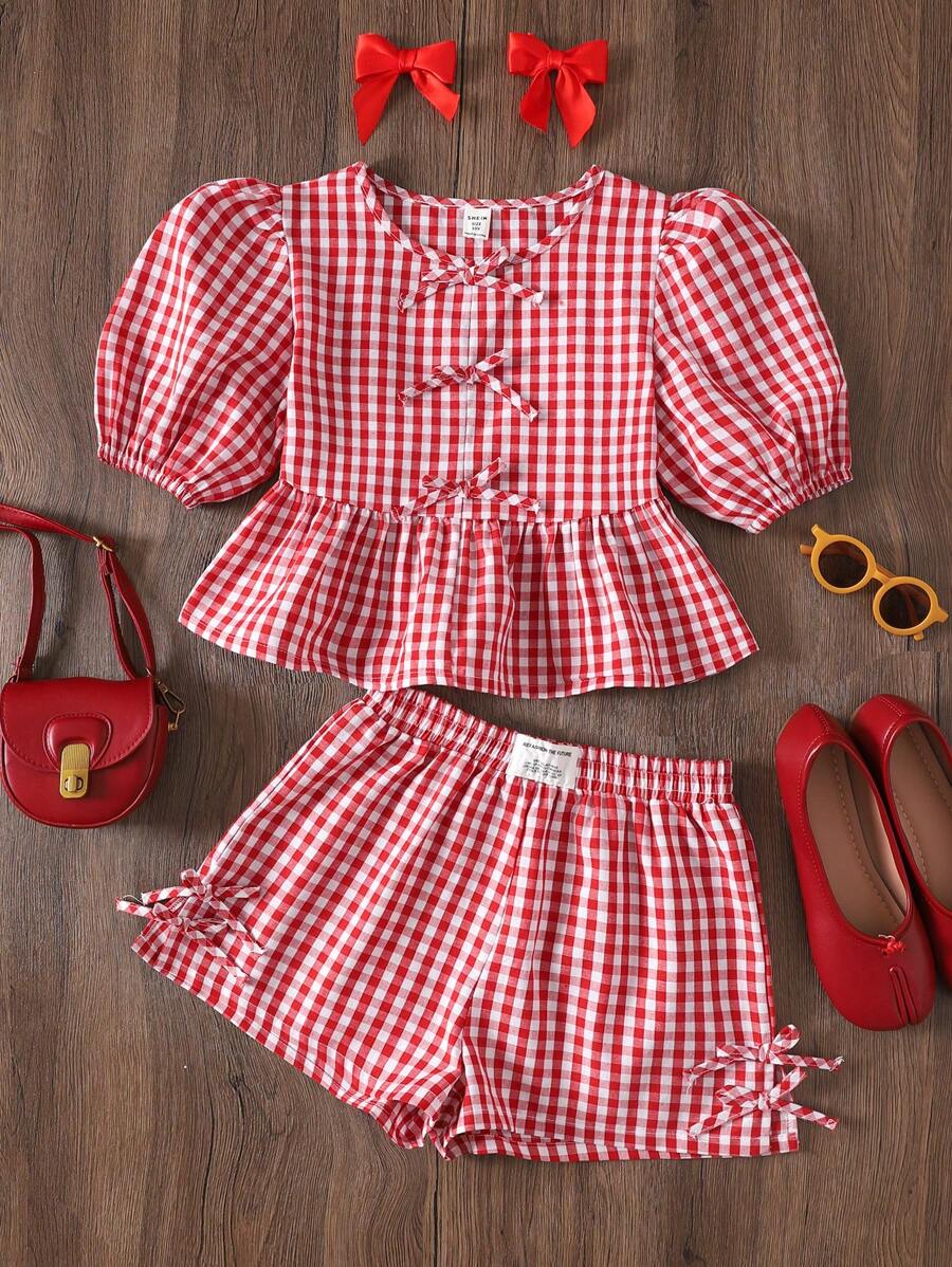 SHEIN 2pcs/Set Tween Girl Loose Plaid Puff Sleeve Bowknot Shirt And Casual Shorts, Suitable For Spring/Summer, Daily Wear, Outdoor, Spring Trip, Back To School