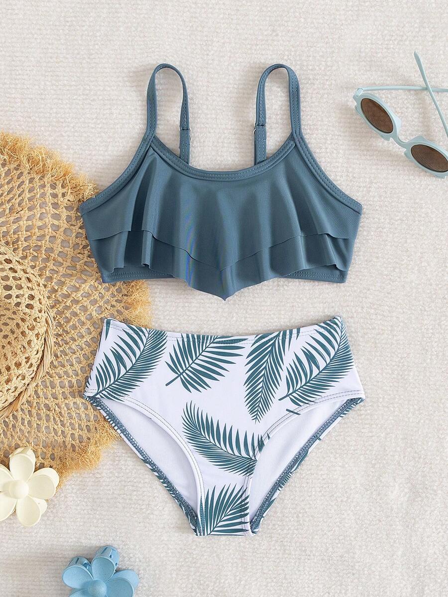 SHEIN 2 pièces/Set Top de maillot de bain noir minimaliste pour jeunes filles et bas de maillot de bain avec impression aléatoire d'arbres de noix de coco