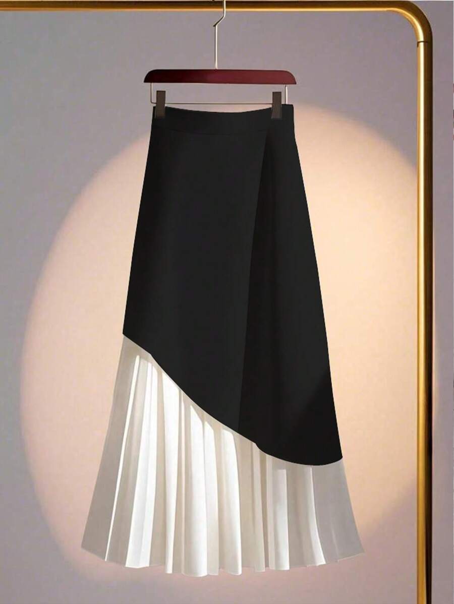 Chiquease Falda midi elegante de oficina con pliegues y contraste de colores para mujer