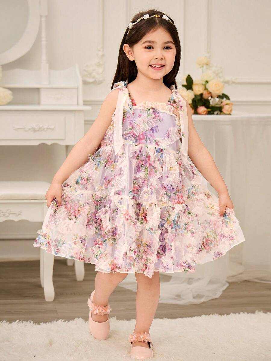Glamorique Kids Vestido elegante sin mangas con estampado floral de organza y patchwork para niña joven