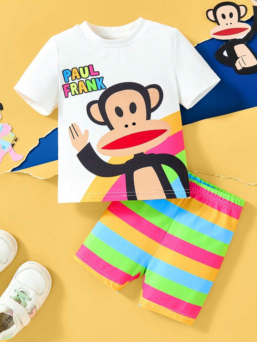 Paul Frank X SHEIN 2 pezzi Set abbigliamento da bambina, maglietta a maniche corte bianca casual con stampa di scimmia e pantaloncini colorati a righe