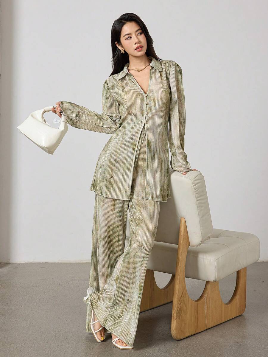 Heiryn Women Two Pieces Outfits For Daily Wear Women Summer Clothing Pleate Smudge Tie-Dye Shirt Trousers Resort Suit