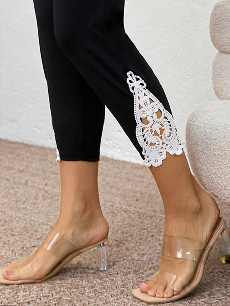 SHEIN Clasi Pantaloni da donna taglie forti, pantaloni eleganti, pantaloni neri, pantaloni aderenti con inserti in pizzo