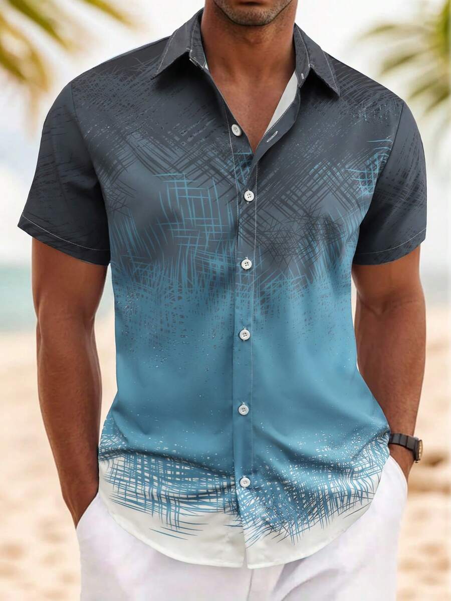 Manfinity Homme Men's Ombre Color Front Button Digital Print Short Sleeve Shirt