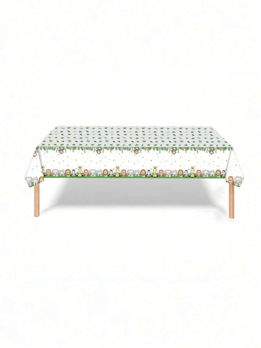 SHEIN 1 Piece 108inch*54inch Cute Jungle Animal Theme Tablecloth, Jungle Theme Disposable Tablecloth, For Teenagers Birthday Party Newborn Party Wedding Family Holiday Party Home Decoration, Desktop Decoration, Scene Decoration, Christmas, Outing, Good Waterproof And Stain Resistance, Easy To Carry And Fold, Easy To Clean.