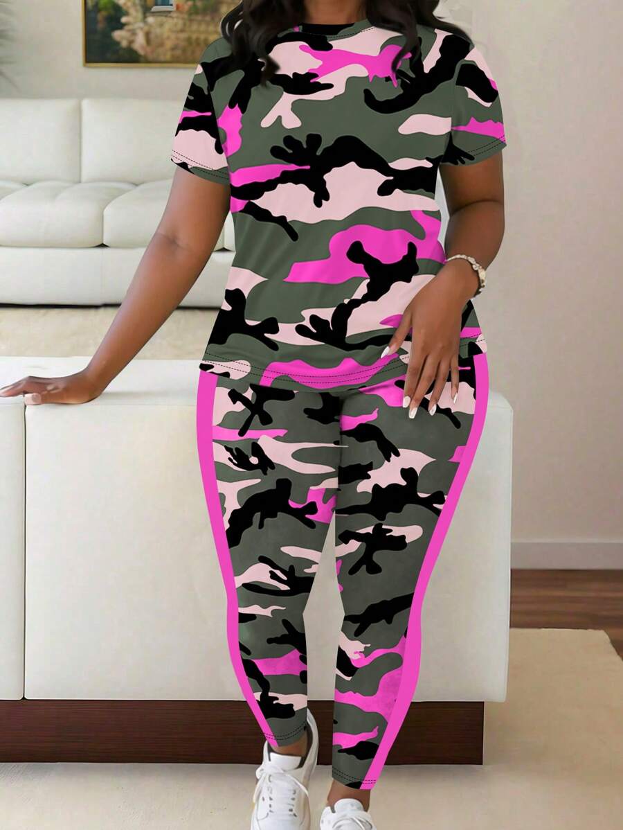 Maweii Plus Size Fashionable Camo Print Casual Women 2 Pieces Set Short Sleeve Top And Pants