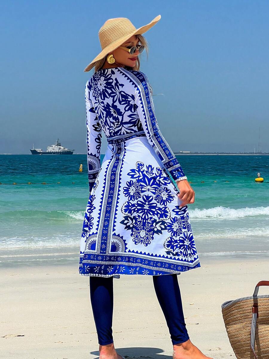 Swim Mulvari Vestido con cierre frontal con estampado de girasoles azul y blanco con estilo bohemio, con pantalones y mangas largas, conjunto casual elegante para primavera/verano, resort, playa