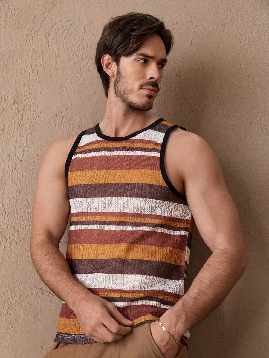 HIMLAND Men Striped Print Tank Top Sleeveless Graphic Colorful Tank Top