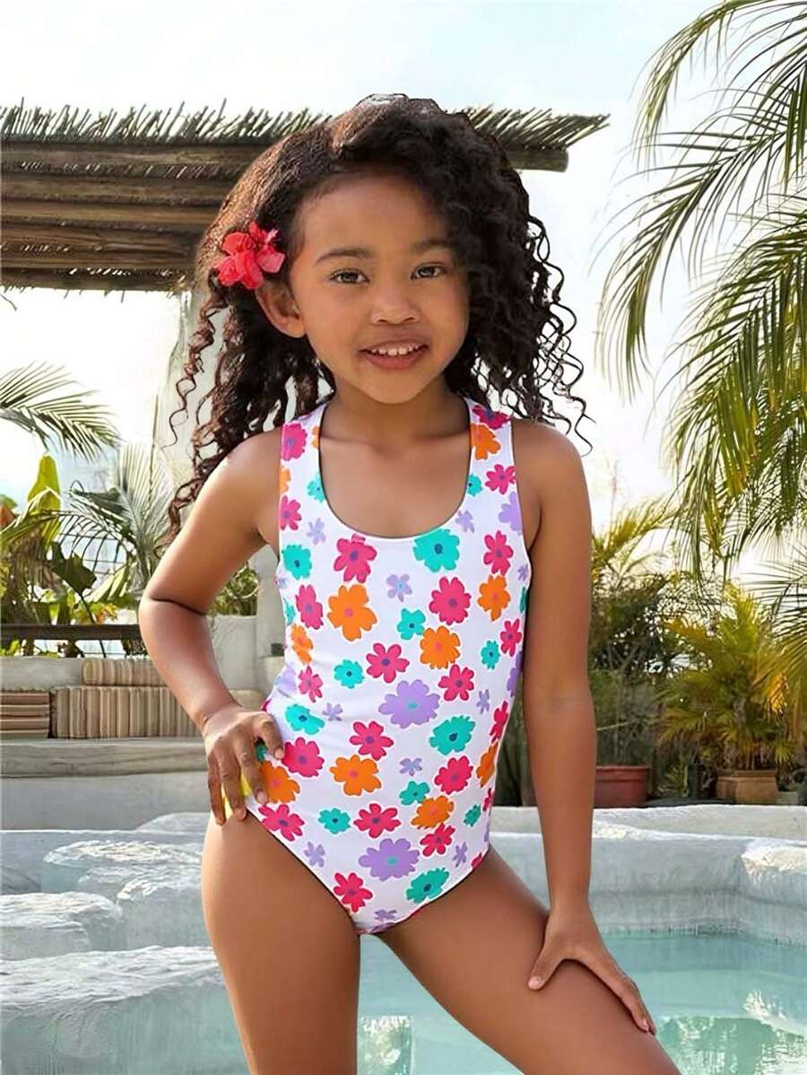 SHEIN Traje de baño con estampado floral y cuello halter para niñas, dulce y casual para primavera/verano