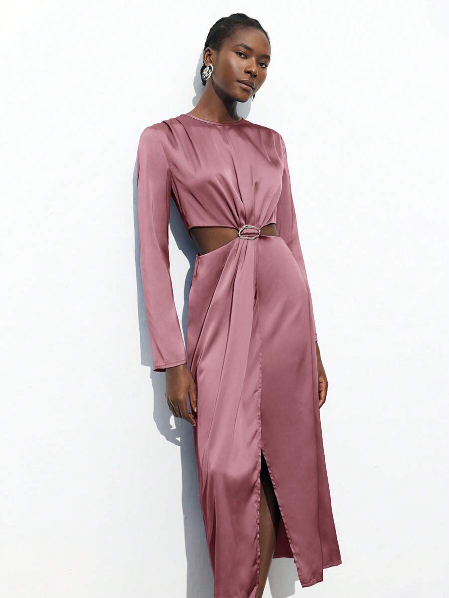 Maija Elegant Vintage-Style Green Long Sleeve Metallic Decor Mid-Length Party Dress For Women, With Exposed Waist And Metal Buckle Business Casual Women's Wear, Office Wear, Low-Key Old Money Style, Effortless Temperament, High-End Urban Commuting, The Same Style As The Editor-In-Chief Of The Magazine, Urban Social Vacation Party Wear, Charming, Low-Key And Durable Basic Style, Versatile And Not Picky Clothing, Street Fashion Wear, Clothing, Coffee Shop, Relaxed Wear