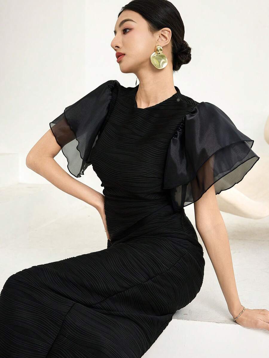 Modelyn Ruffle Sleeve Jacquard Textuur Slanke Jurk Lange Avondjurken