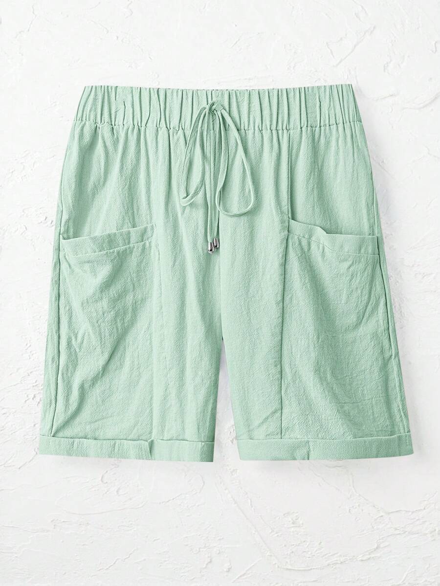EMERY ROSE Plus Size Solid Color Front Tie Pocket Casual Shorts, Daily Wear