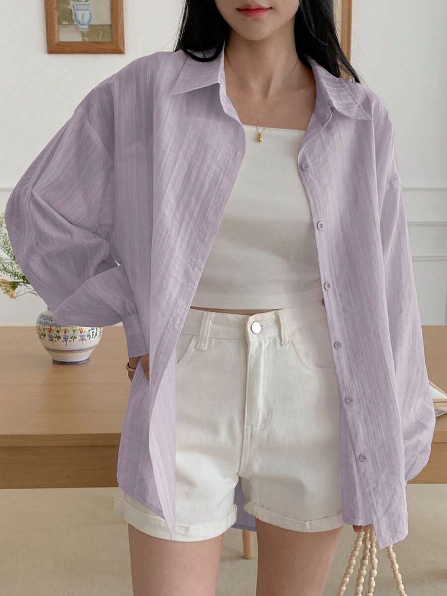 DAZY Women's Casual Business Style Loose Fit Solid Color Long Sleeve Collared Blouse