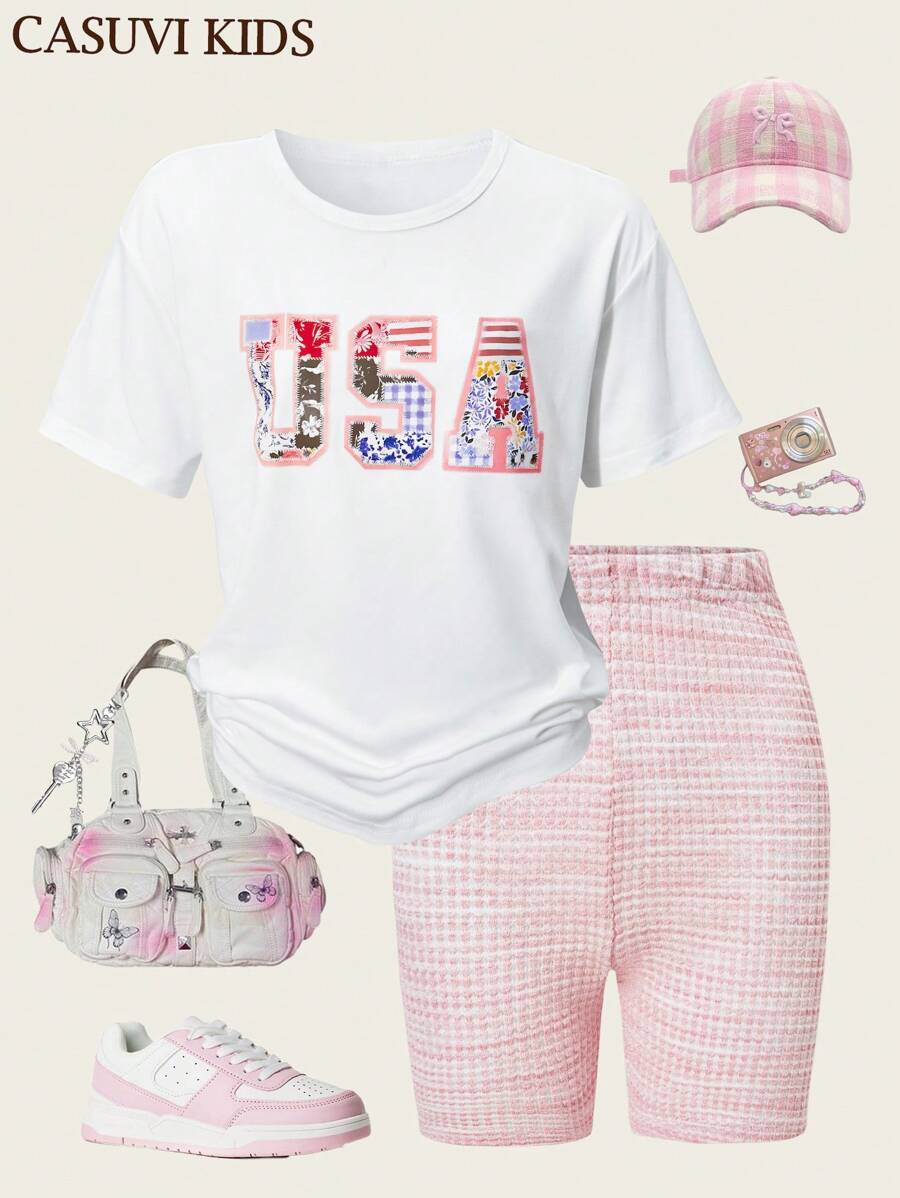 SHEIN 2pcs/Set Girls American Letter Print Crew Neck Short Sleeve Tee And Shorts Set, Casual Fashion Set Outfit For Girls