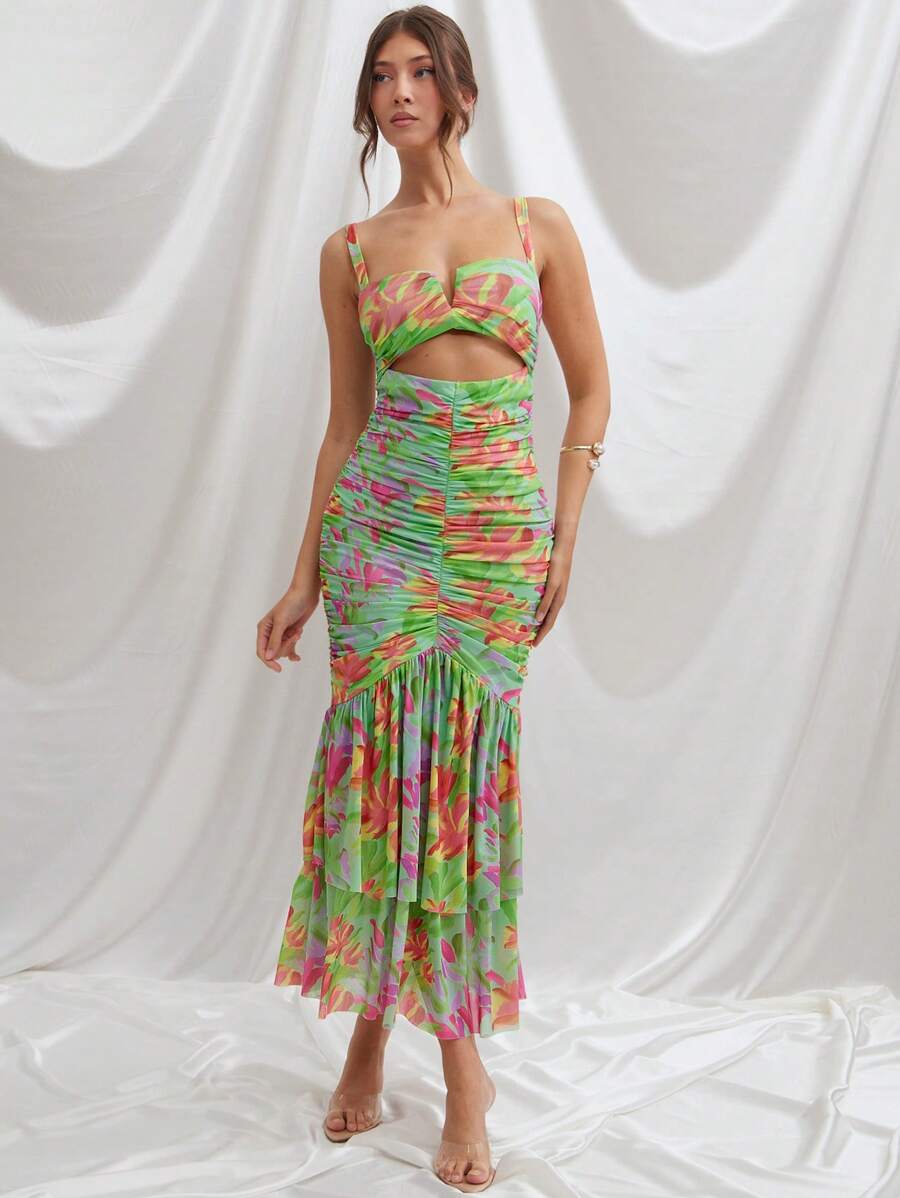 L'Amorae Floral Ruched Mermaid Hem With Cutout Details Dress