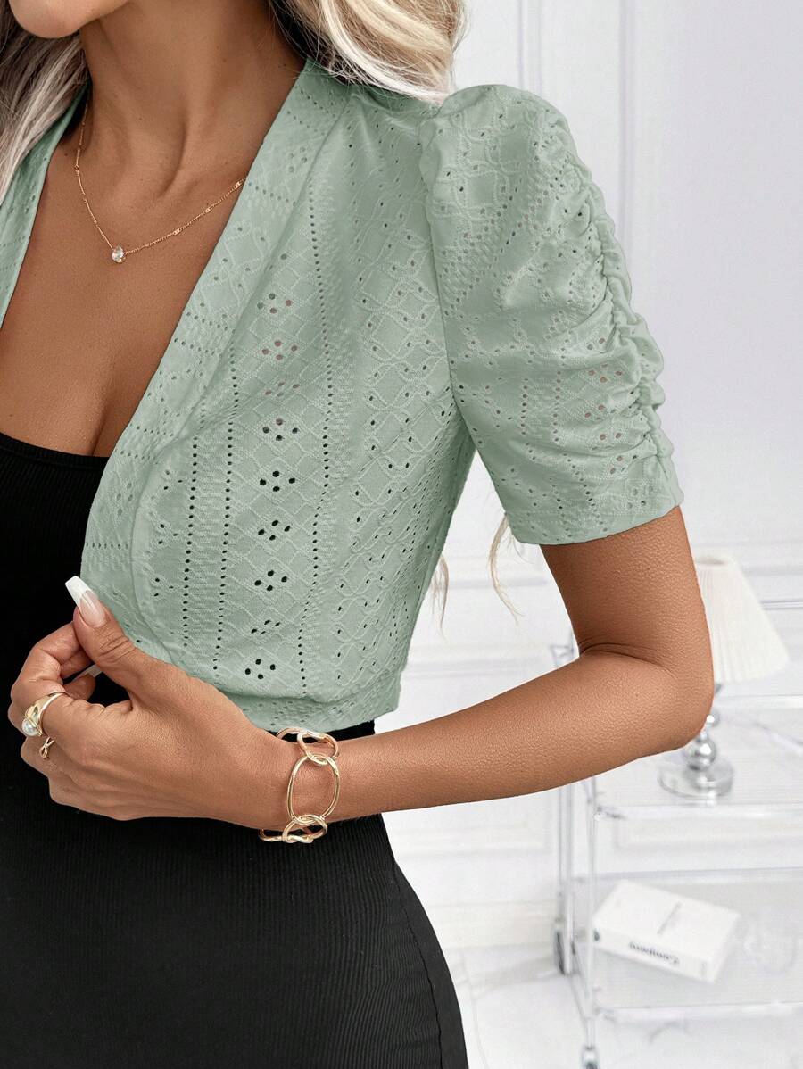 SHEIN Clasi Women's Elegant Lace Short Sleeve Button Front Cropped Jacket Office Outfits For Women