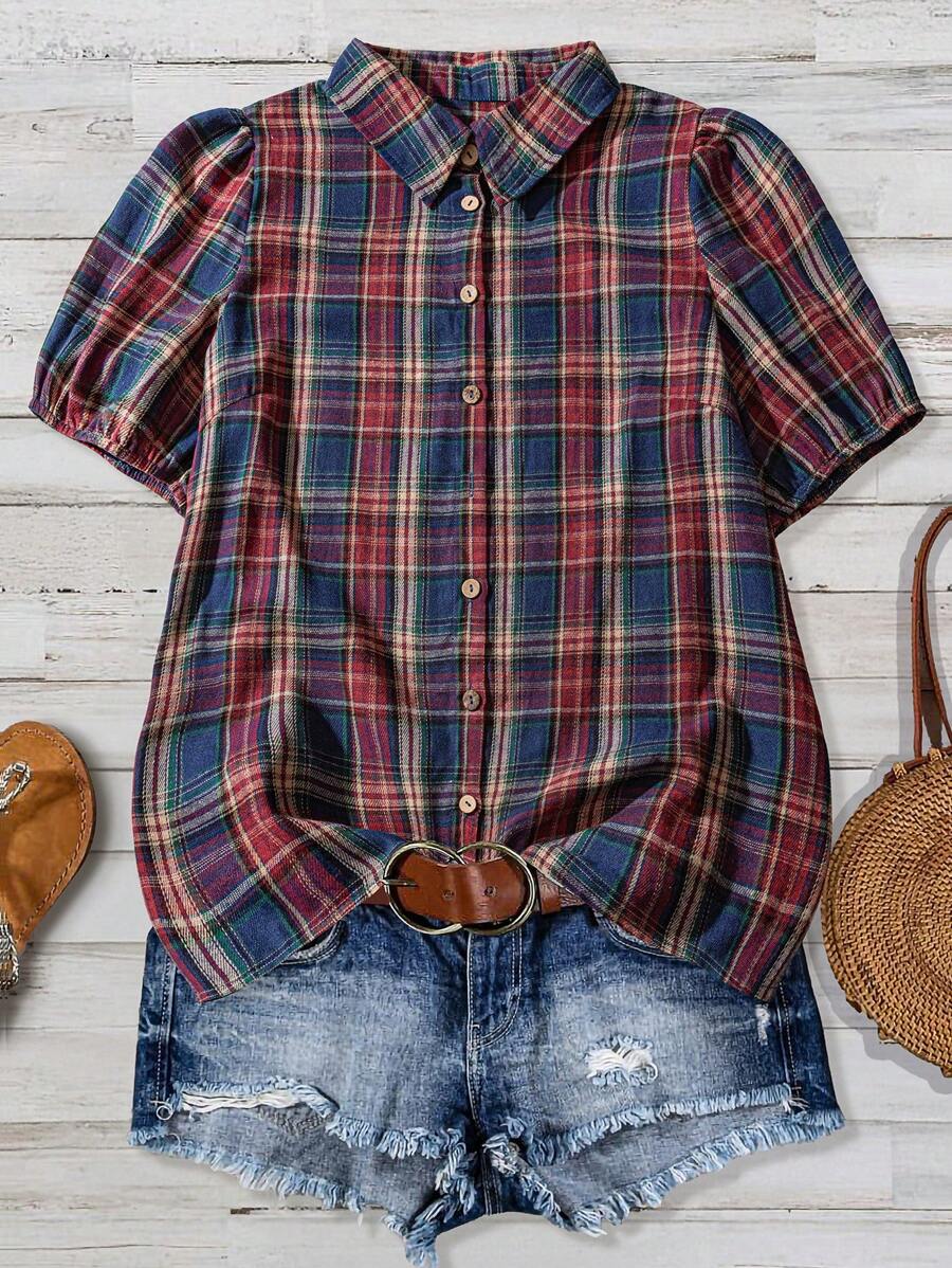 Linhara Camisa informal a cuadros de manga abullonada para mujeres de talla grande, ideal para festivales de música country