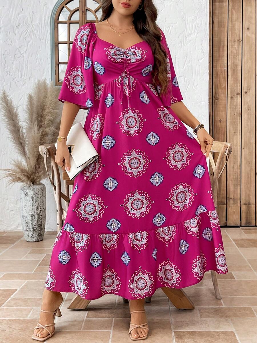 SHEIN LUNE Vestito da vacanza estivo con stampa all-over e orlo con volant, adatto anche per laurea, per taglie comode
