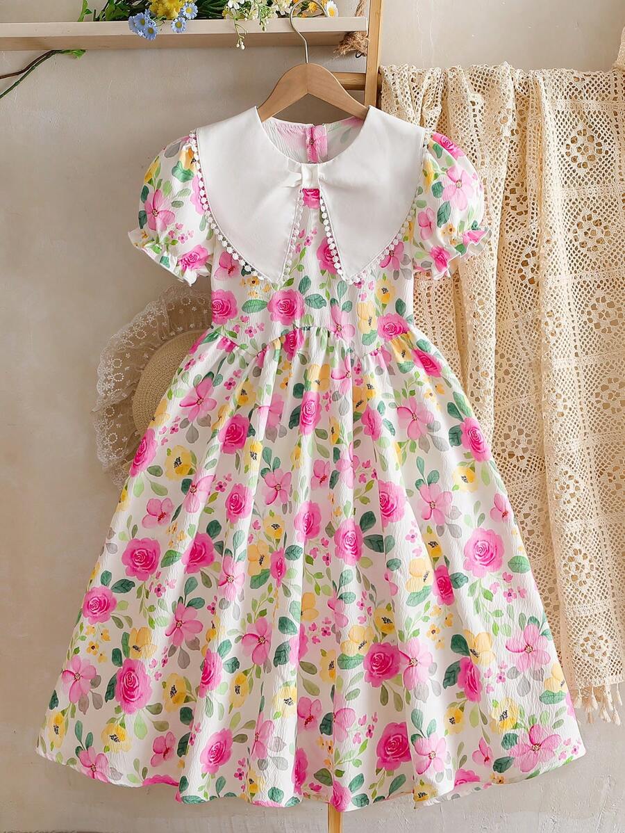 SHEIN Vestido casual con estampado floral y mangas abullonadas para niña preadolescente, ideal para días festivos