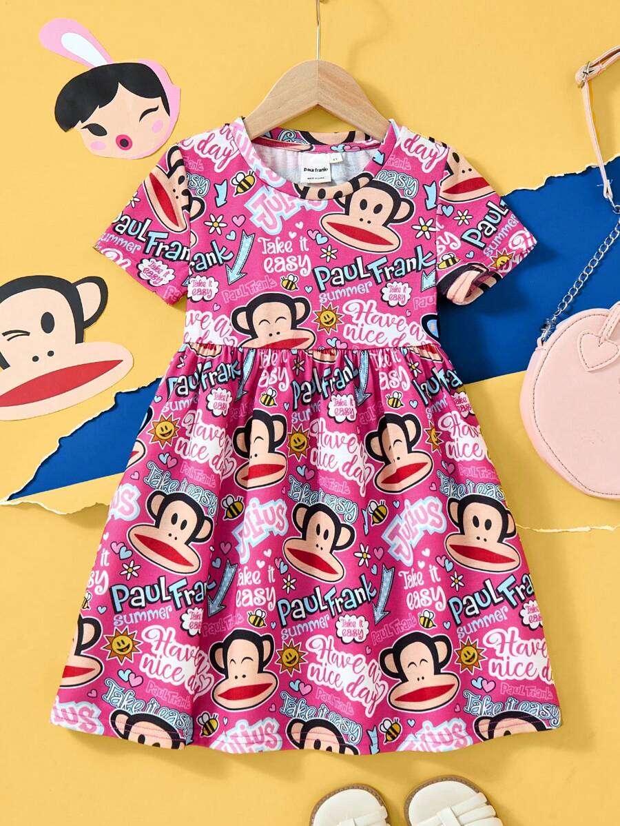 Paul Frank X SHEIN Vestito estivo rosa A-line con stampa di scimmie per ragazza