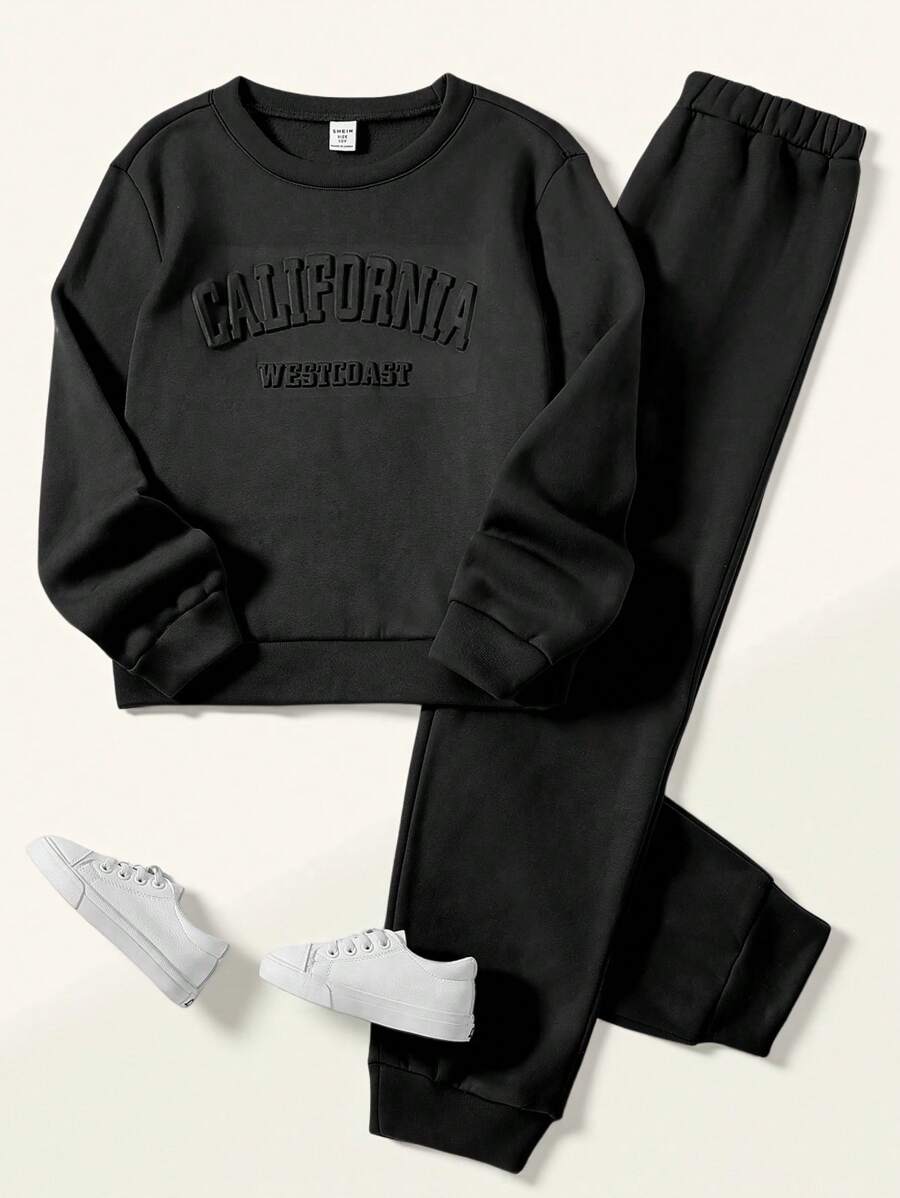 SHEIN Chica preadolescente Pantalones deportivos con pullover con estampado de letra con forro térmico