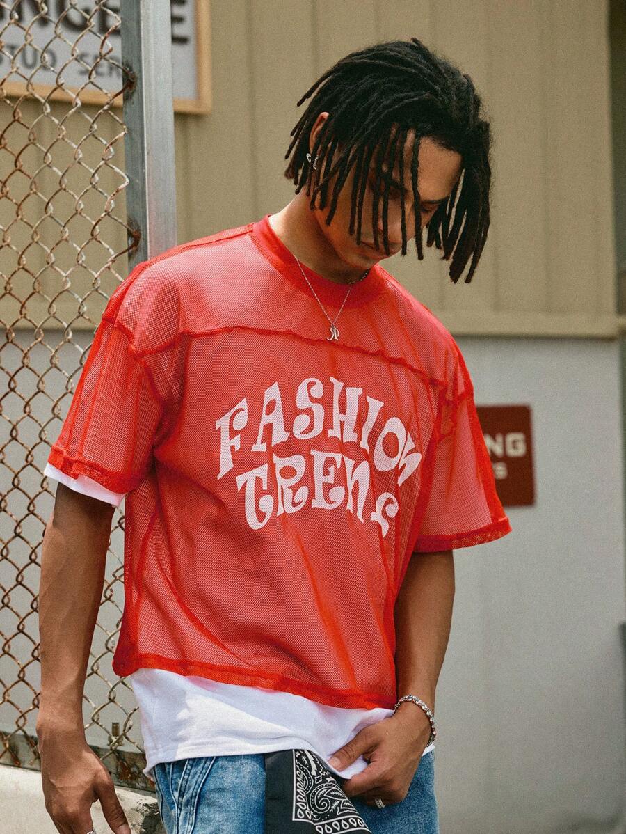 Manfinity Streetrush Camiseta de manga corta con diseño de letra de estilo callejero joven, semi transparente y con hombros caídos