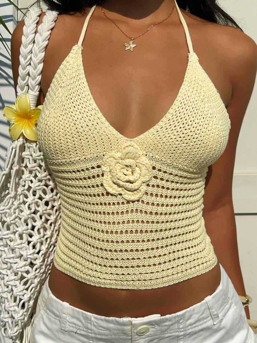 SHEIN EZwear New Summer Beach Vacation Outfits Music Festival Butter Yellow Tops Women 3D Floral Solid Sleeveless Hollow Out Knit Camisole Top, Summer