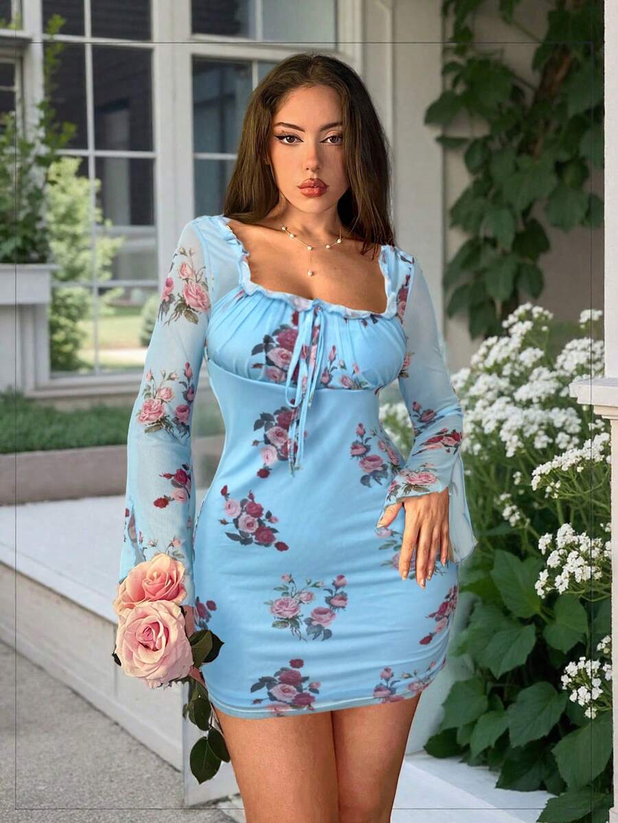 Firerie Vestido mini ajustado con volantes y estampado floral elegante para mujer, adecuado para vacaciones, bodas