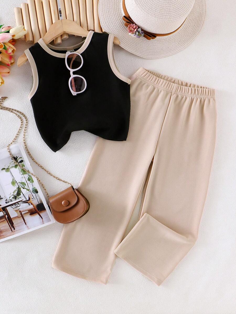 Wildeya 2 pièces/Set Top tricot noir décontracté et pantalon ample kaki pour jeune fille, tenue d'été. Vêtements quotidiens confortables pour enfants